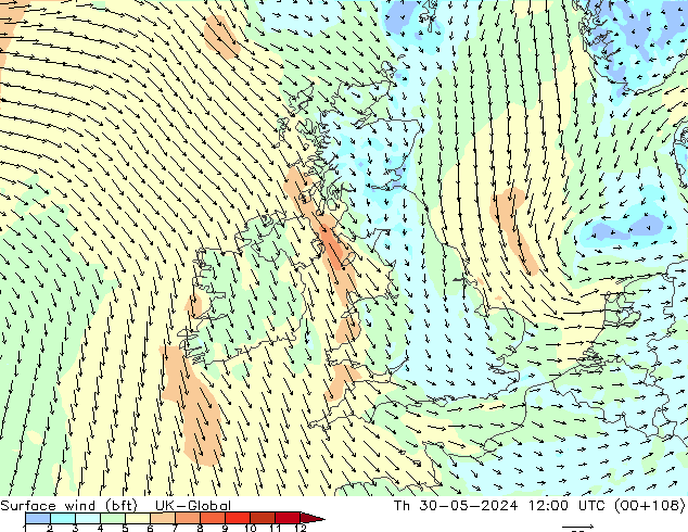 Surface wind (bft) UK-Global Th 30.05.2024 12 UTC