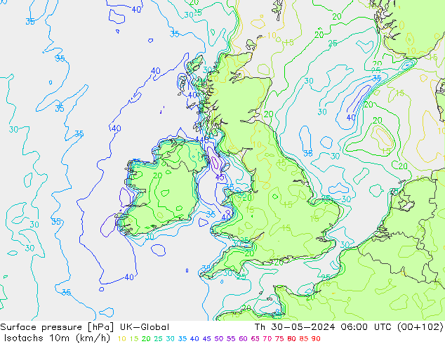 Isotachs (kph) UK-Global gio 30.05.2024 06 UTC