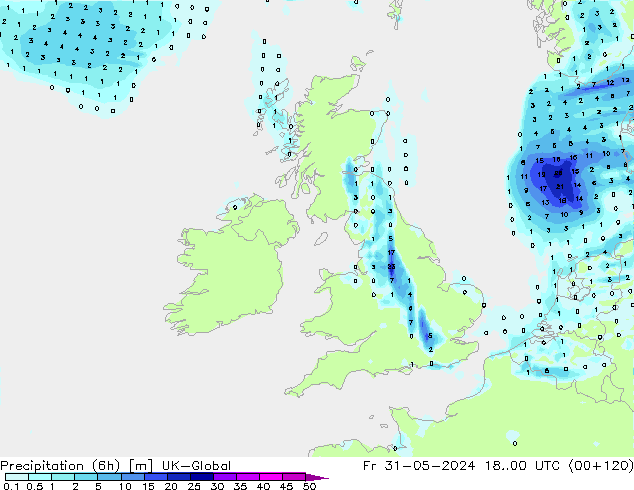 Precipitation (6h) UK-Global Pá 31.05.2024 00 UTC