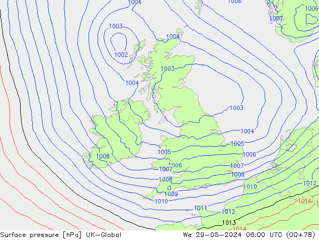 Pressione al suolo UK-Global mer 29.05.2024 06 UTC