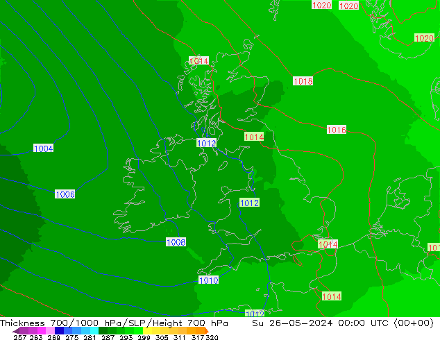 Dikte700-1000 hPa UK-Global zo 26.05.2024 00 UTC