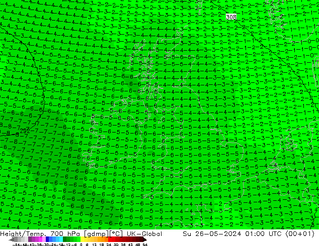 Hoogte/Temp. 700 hPa UK-Global zo 26.05.2024 01 UTC