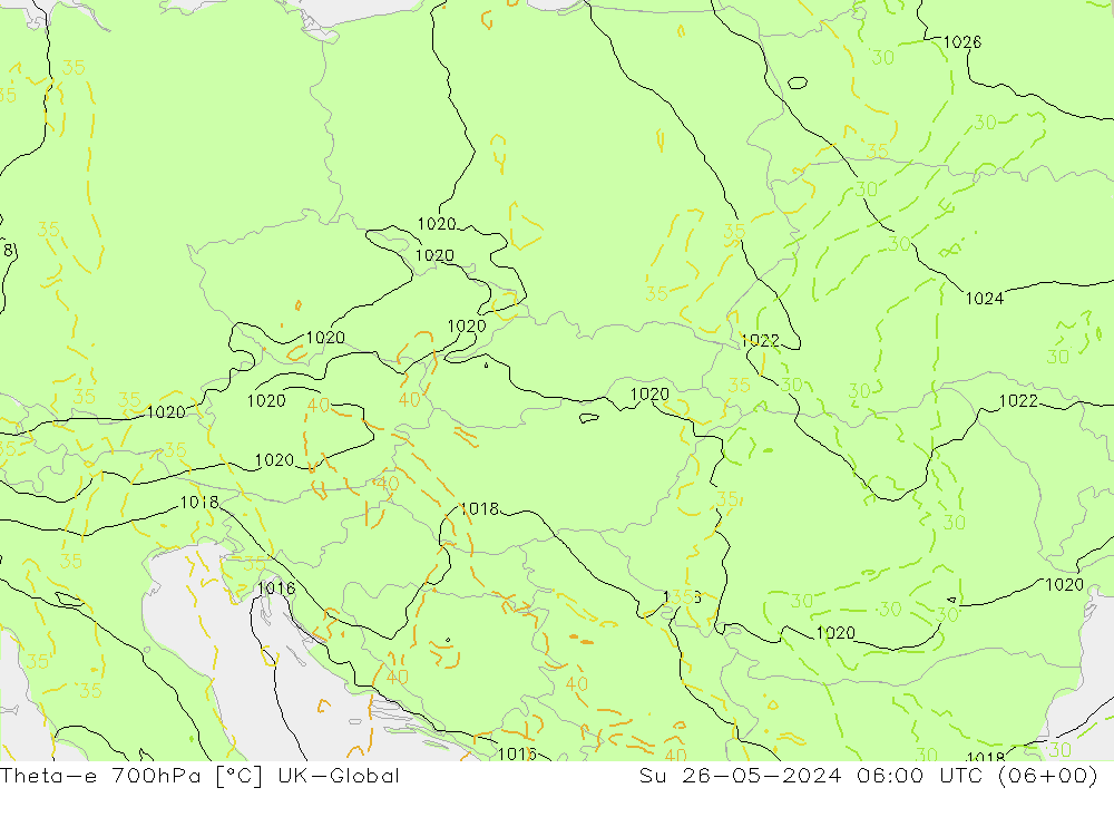 Theta-e 700hPa UK-Global Paz 26.05.2024 06 UTC