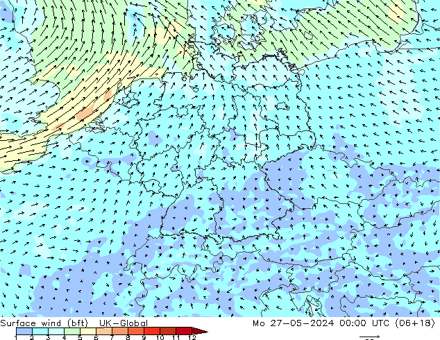Bodenwind (bft) UK-Global Mo 27.05.2024 00 UTC