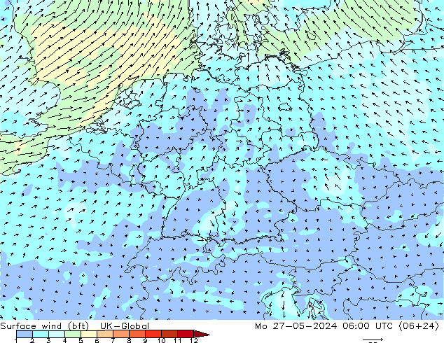 Surface wind (bft) UK-Global Mo 27.05.2024 06 UTC