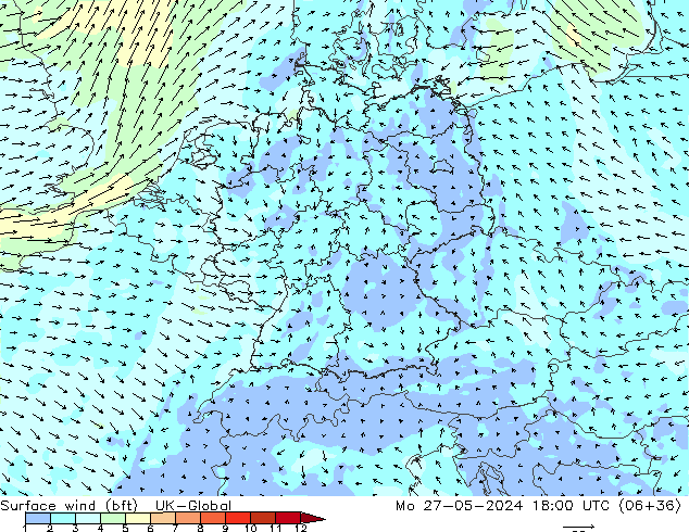 Viento 10 m (bft) UK-Global lun 27.05.2024 18 UTC