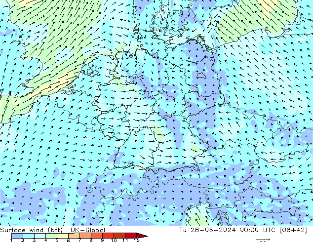 Viento 10 m (bft) UK-Global mar 28.05.2024 00 UTC