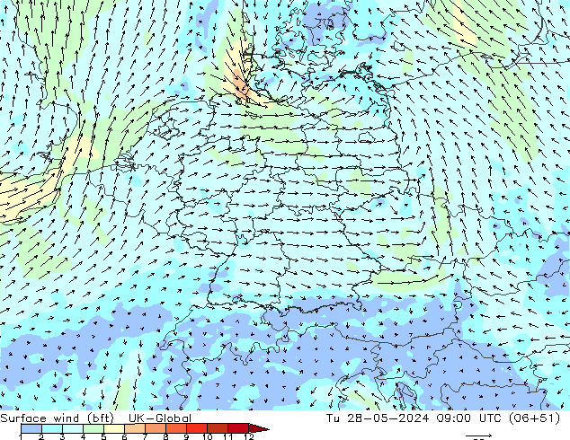 Vento 10 m (bft) UK-Global mar 28.05.2024 09 UTC
