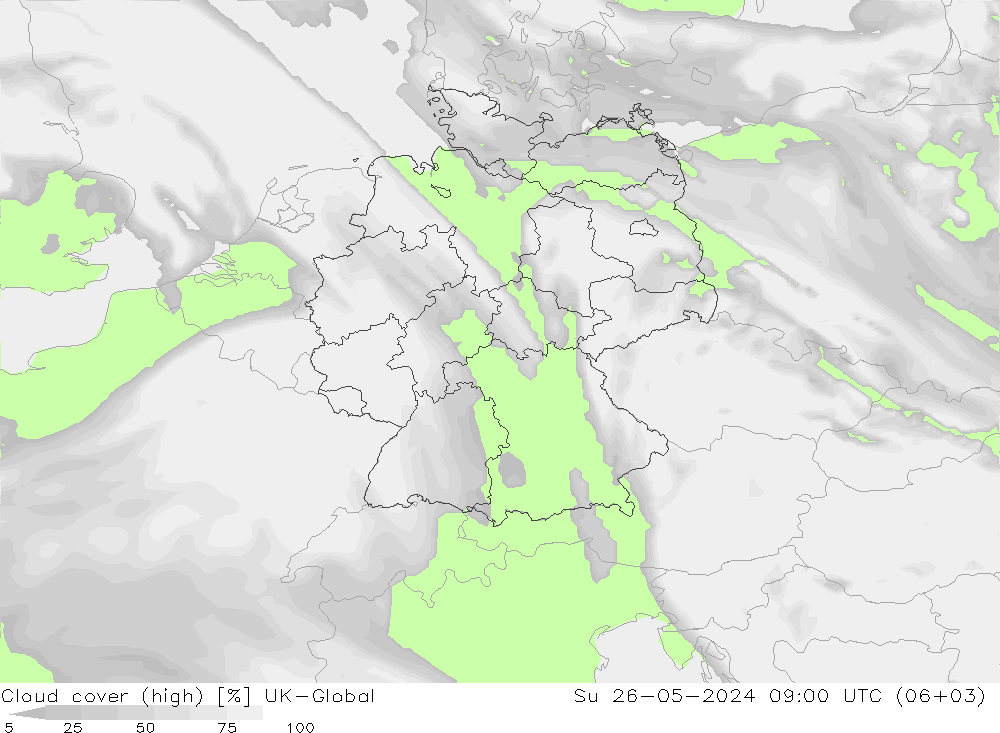 Cloud cover (high) UK-Global Su 26.05.2024 09 UTC