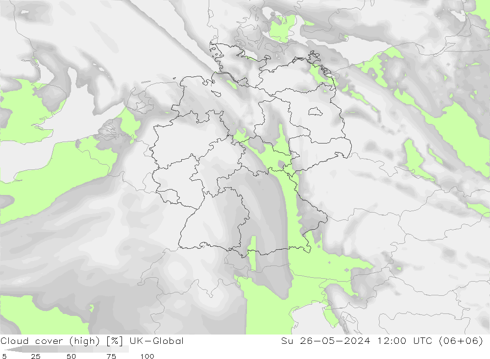 Cloud cover (high) UK-Global Su 26.05.2024 12 UTC