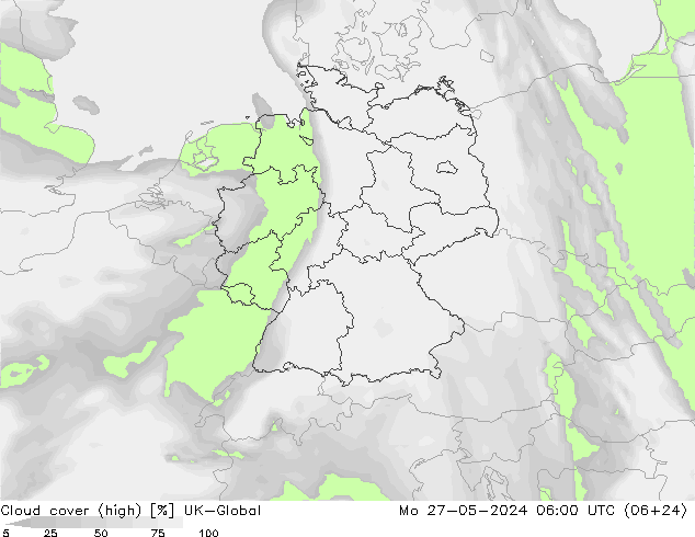 Cloud cover (high) UK-Global Mo 27.05.2024 06 UTC