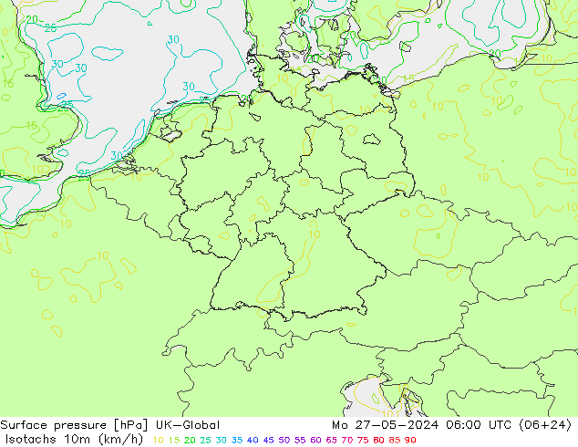 Isotachs (kph) UK-Global Mo 27.05.2024 06 UTC