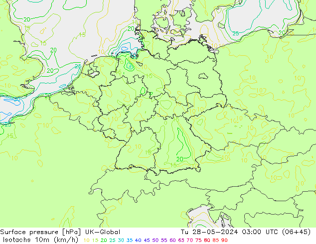 Isotachs (kph) UK-Global вт 28.05.2024 03 UTC