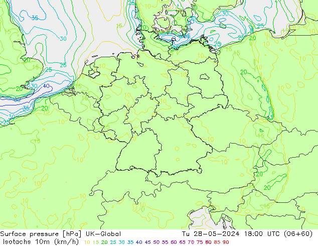 Izotacha (km/godz) UK-Global wto. 28.05.2024 18 UTC
