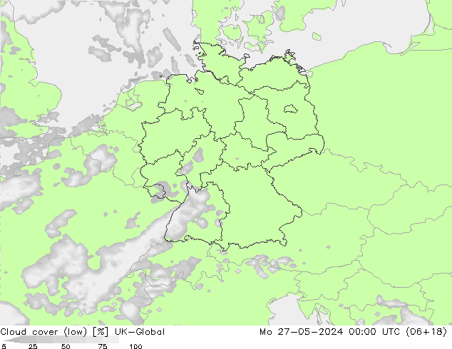 Cloud cover (low) UK-Global Mo 27.05.2024 00 UTC