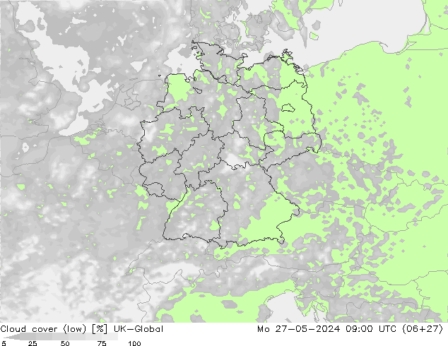 Cloud cover (low) UK-Global Mo 27.05.2024 09 UTC