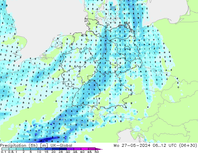 Precipitation (6h) UK-Global Mo 27.05.2024 12 UTC
