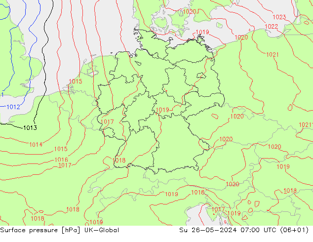 Presión superficial UK-Global dom 26.05.2024 07 UTC