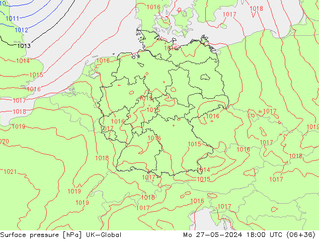 Surface pressure UK-Global Mo 27.05.2024 18 UTC