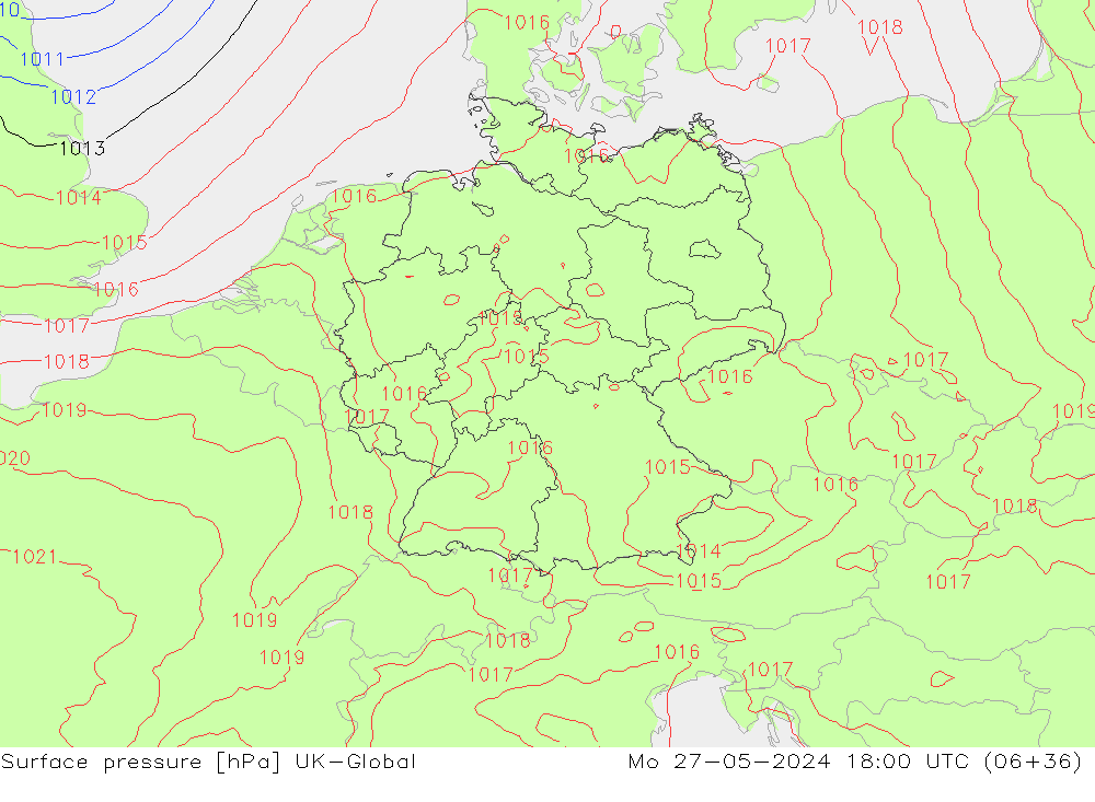 Atmosférický tlak UK-Global Po 27.05.2024 18 UTC