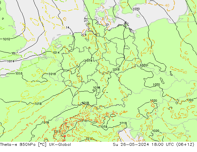 Theta-e 850hPa UK-Global dom 26.05.2024 18 UTC