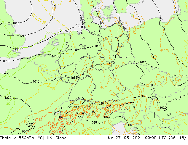 Theta-e 850hPa UK-Global Mo 27.05.2024 00 UTC