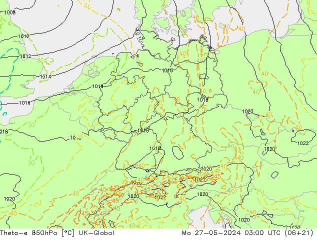 Theta-e 850hPa UK-Global Mo 27.05.2024 03 UTC
