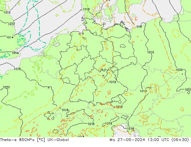 Theta-e 850hPa UK-Global  27.05.2024 12 UTC