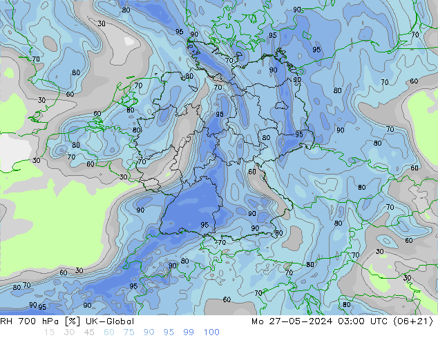 RH 700 hPa UK-Global Mo 27.05.2024 03 UTC