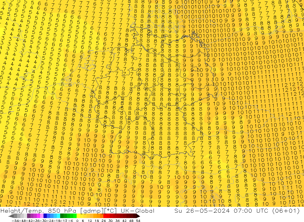 Height/Temp. 850 hPa UK-Global dom 26.05.2024 07 UTC