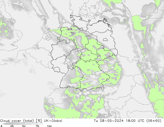 Cloud cover (total) UK-Global Tu 28.05.2024 18 UTC