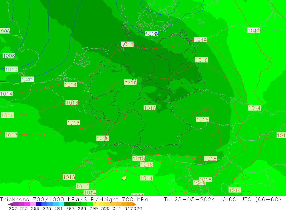 Thck 700-1000 hPa UK-Global Tu 28.05.2024 18 UTC