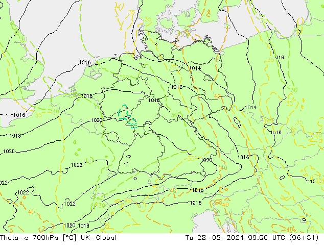 Theta-e 700hPa UK-Global Tu 28.05.2024 09 UTC