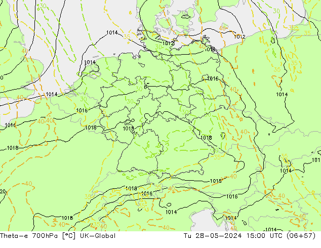 Theta-e 700hPa UK-Global Út 28.05.2024 15 UTC