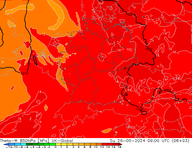 Theta-W 850hPa UK-Global So 26.05.2024 09 UTC