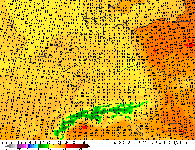 Nejvyšší teplota (2m) UK-Global Út 28.05.2024 15 UTC