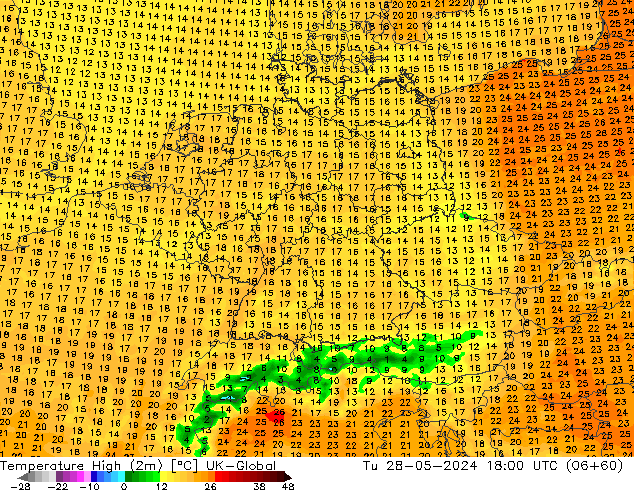 Maksimum Değer (2m) UK-Global Sa 28.05.2024 18 UTC