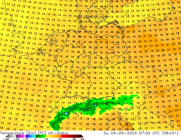 Temperature (2m) UK-Global Su 26.05.2024 07 UTC