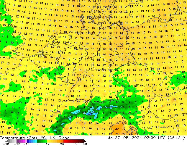 Temperature (2m) UK-Global Mo 27.05.2024 03 UTC