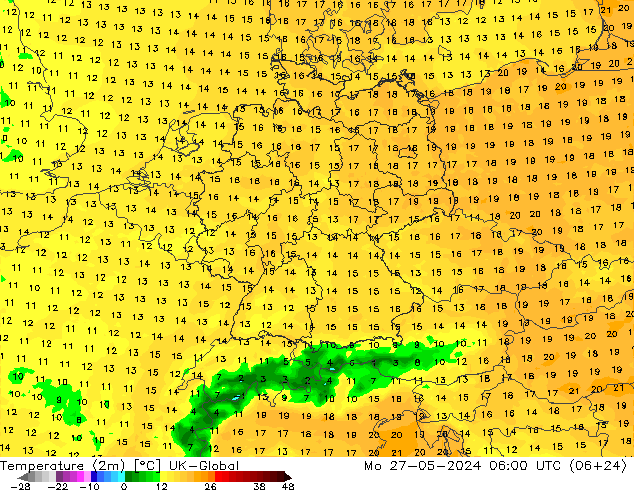 Temperature (2m) UK-Global Mo 27.05.2024 06 UTC