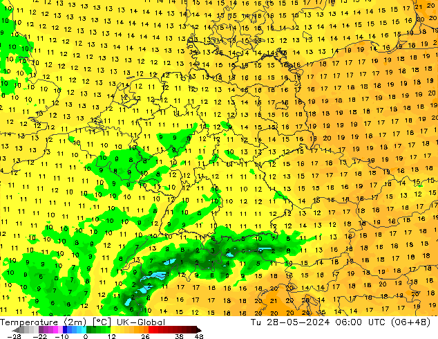 Temperature (2m) UK-Global Tu 28.05.2024 06 UTC