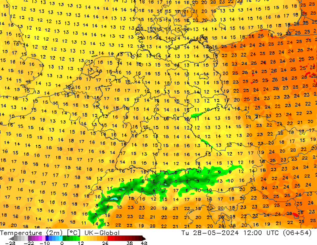 Sıcaklık Haritası (2m) UK-Global Sa 28.05.2024 12 UTC
