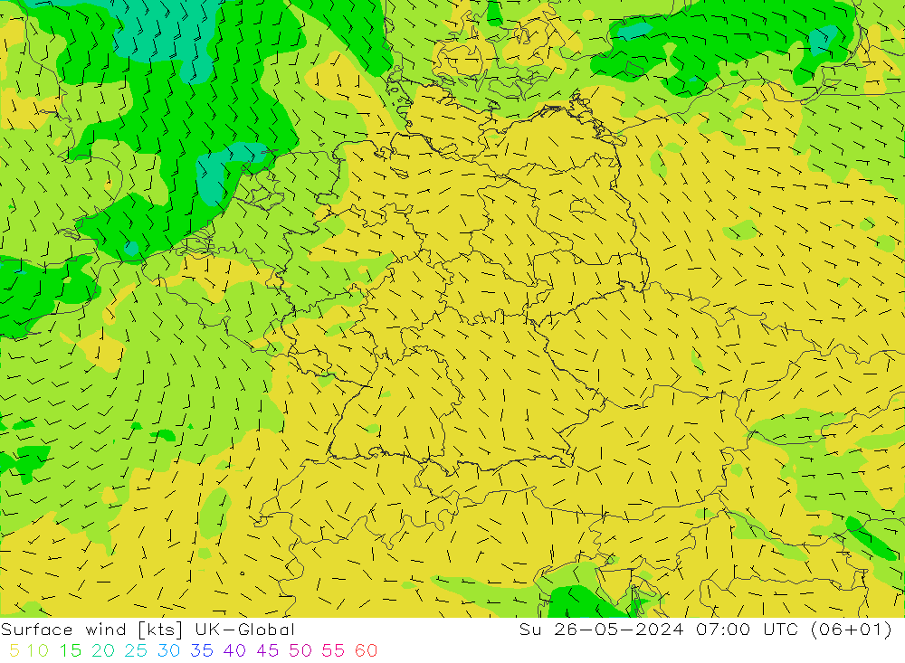 Surface wind UK-Global Ne 26.05.2024 07 UTC