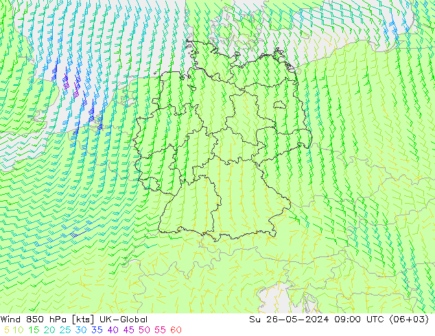 Wind 850 hPa UK-Global Su 26.05.2024 09 UTC