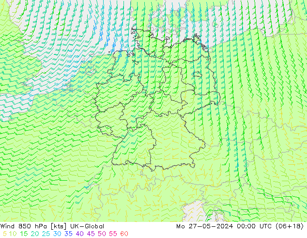 Wind 850 hPa UK-Global Mo 27.05.2024 00 UTC