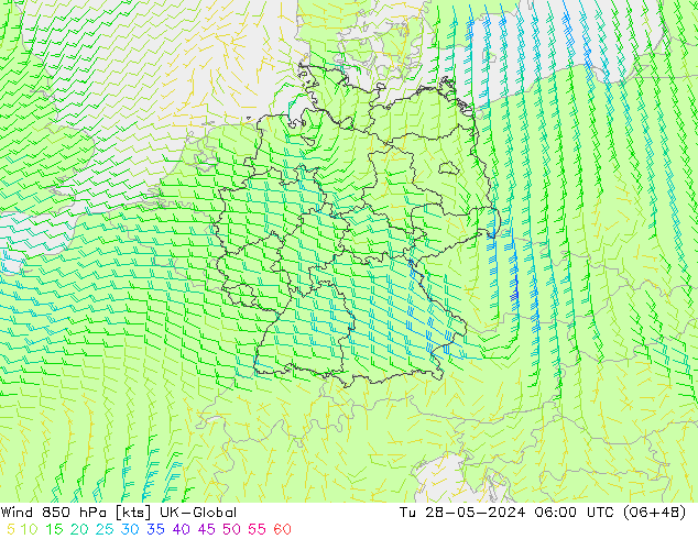 Wind 850 hPa UK-Global Tu 28.05.2024 06 UTC