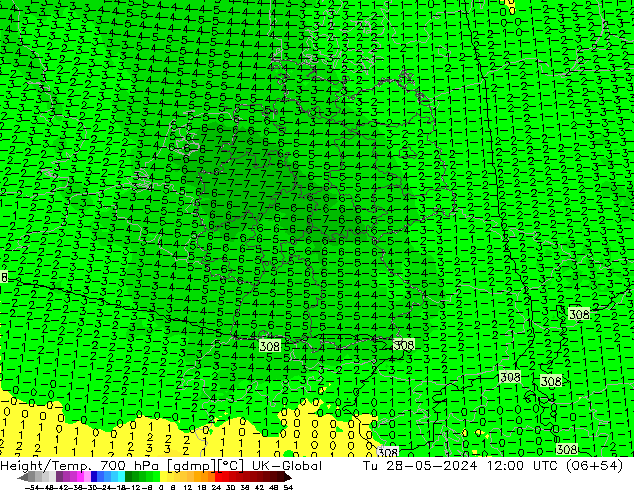 Height/Temp. 700 hPa UK-Global  28.05.2024 12 UTC