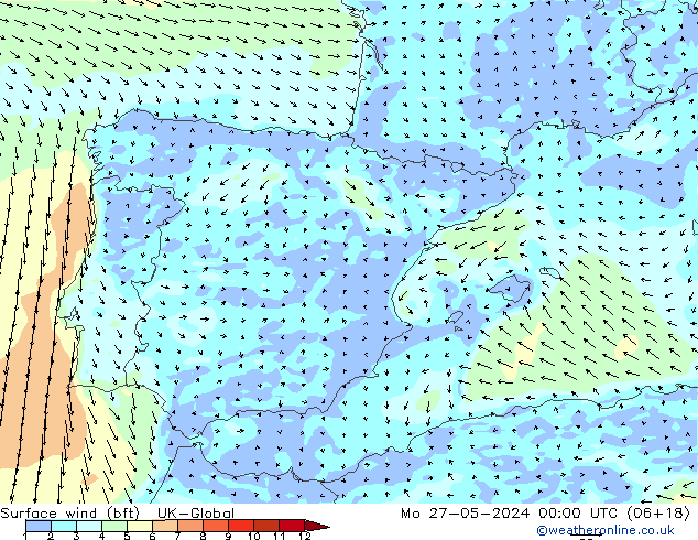 Surface wind (bft) UK-Global Mo 27.05.2024 00 UTC