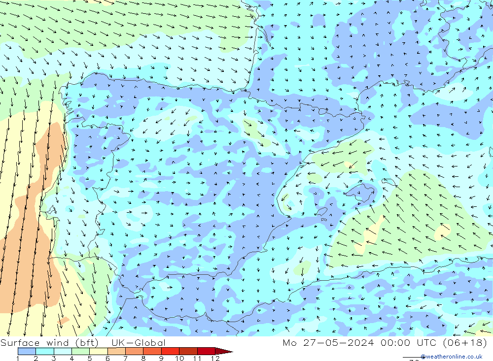 Surface wind (bft) UK-Global Mo 27.05.2024 00 UTC