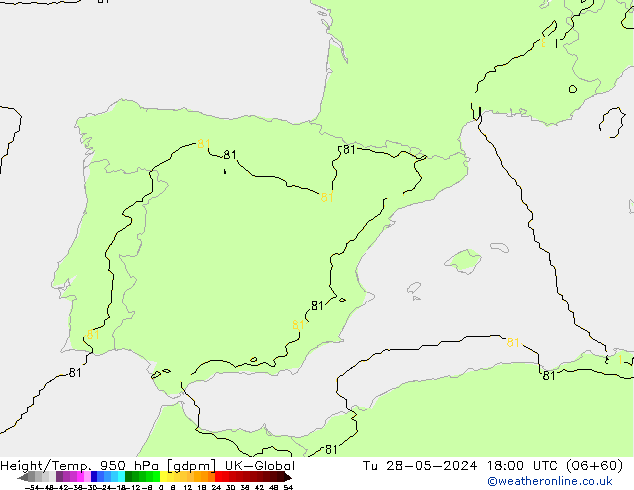 Height/Temp. 950 гПа UK-Global вт 28.05.2024 18 UTC